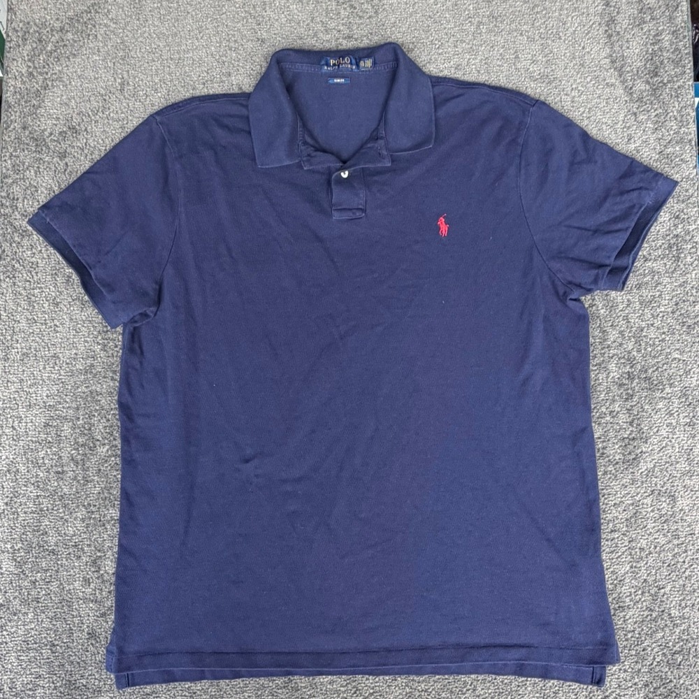 Polo Ralph Lauren Mens XXL Slim Fit Navy Blue Short Sleeve Mesh Polo Shirt‎ Logo
